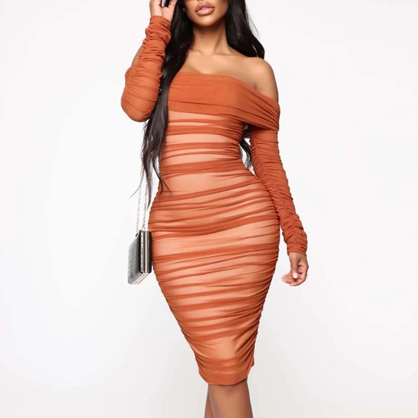 Women’s Off-Shoulder Sheer Mesh Ruched Bodycon Midi Dress – Elegant Evening Cocktail Dress