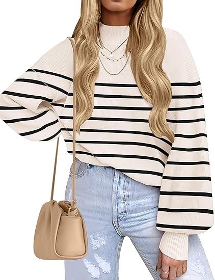 Women's Spring Long Sleeve Striped Ribbed Turtleneck