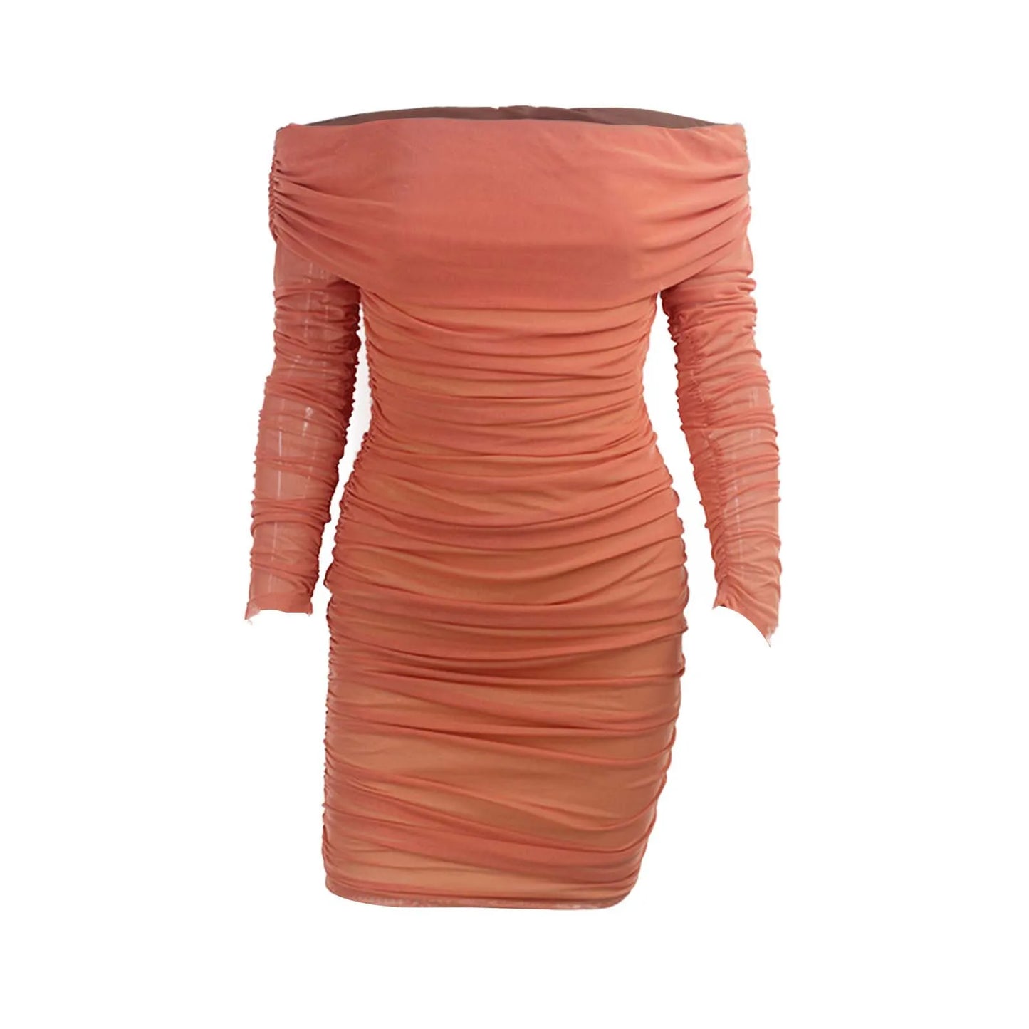 Women’s Off-Shoulder Sheer Mesh Ruched Bodycon Midi Dress – Elegant Evening Cocktail Dress